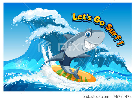 Cute shark cartoon character surfing in ocean Cute shark cartoon character surfing in ocean 96751472