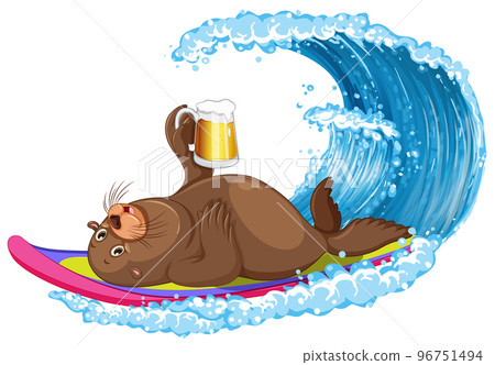 Sea lion on surfboard with water wave 96751494