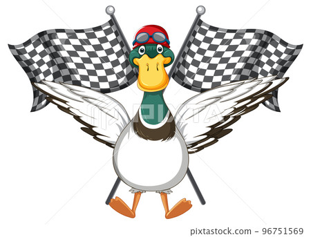 Cartoon duck holding race flag 96751569