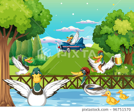 Outdoor scene with cartoon ducks 96751570