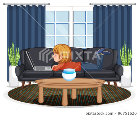 A girl browsing internet on laptop at home 96751620
