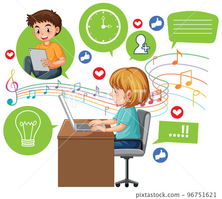 Cute girl browsing social media on laptop Cute girl browsing social media on laptop 96751621