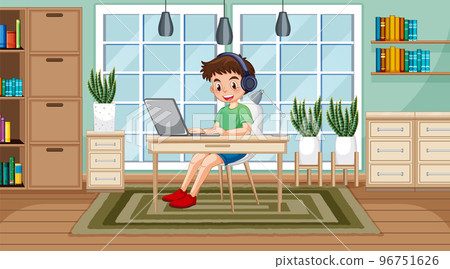 A boy browsing internet on laptop 96751626