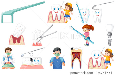 Set of dental equipments and cartoon characters Set of dental equipments and cartoon characters 96751631