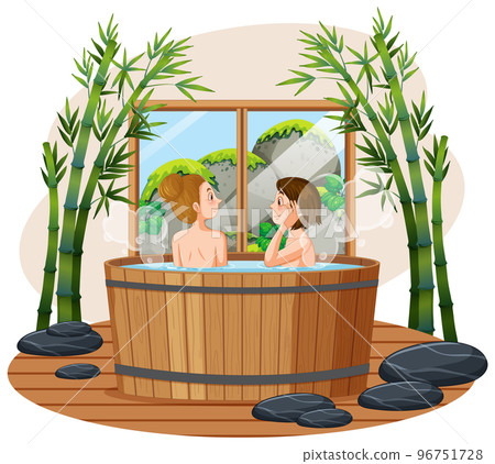 Woman in wooden hot tub spa Woman in wooden hot tub spa 96751728
