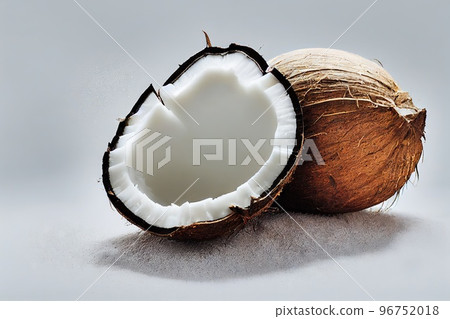 Сracked coconut fruit halves with delicious pulp lie on table Сracked coconut fruit halves with delicious pulp lie on table 96752018