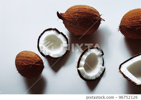 Brown cracked coconut fruit with delicate white flesh 96752126