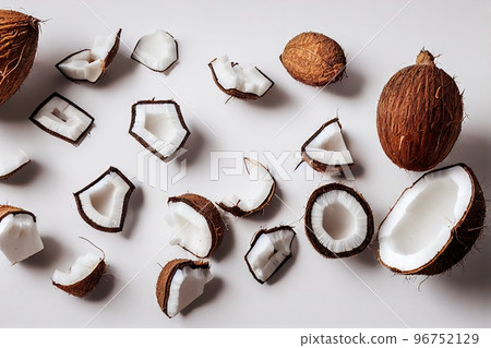Small cracked coconut fruit lying on white background Small cracked coconut fruit lying on white background 96752129