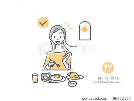 健康的年輕女性吃均衡的早餐簡單時尚的線條畫插圖 健康的年輕女性吃均衡的早餐簡單時尚的線條畫插圖 96752133
