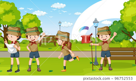 Outdoor scene with scout kids Outdoor scene with scout kids 96752553