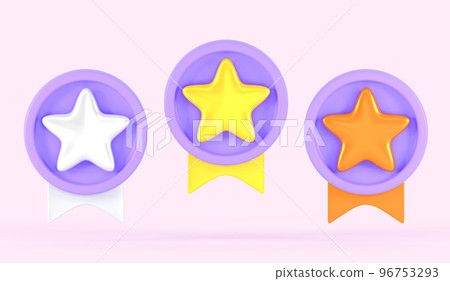 Gold, silver and bronze medals with stars and ribbons. Sign of quality guarantee isolated on pink background 3d render. Award badges, trophy or winner prize. Cartoon rating icons set 96753293