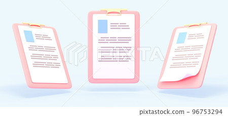Pink paper clipboard with document front and angle view. Resume, profile, hiring and recruiting, insurance or credit contract isolated on blue background. Cartoon 3d render icons set 96753294