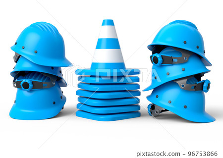 Stack of safety helmets or hard hats and traffic cones on white background Stack of safety helmets or hard hats and traffic cones on white background 96753866