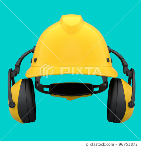 Yellow safety helmet or hard cap and earphones muffs on green background Yellow safety helmet or hard cap and earphones muffs on green background 96753872