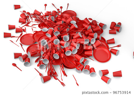 Heap of disposable utensils like plate, folk, spoon,knife and cup on white. Heap of disposable utensils like plate, folk, spoon,knife and cup on white. 96753914