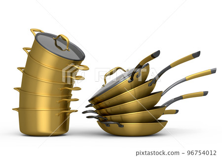 Set of stainless steel stewpot and frying pan on white background 96754012