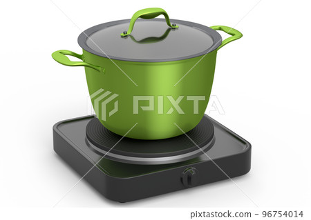 Stainless steel stewpot on portable camping electric stove on white background 96754014