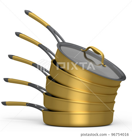 Stack of frying pan with glass lid on white, non-stick kitchen utensils 96754016