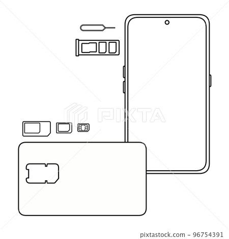 nanoSIM removed from multi-SIM card, SIM pin, SIM tray and smartphone (line drawing) nanoSIM removed from multi-SIM card, SIM pin, SIM tray and smartphone (line drawing) 96754391
