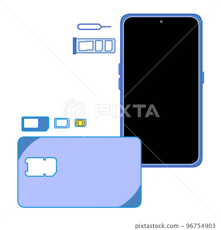 Nano SIM removed from blue SIM pin, SIM tray, smartphone and multi-SIM card 96754903