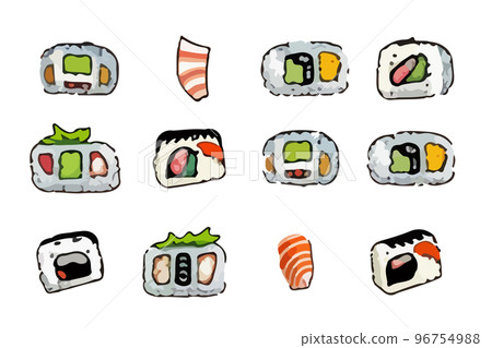 Vector Sushi set. Rolls temaki and inari. Great set of various different types of sushi isolated on white background. Vector Sushi set. Rolls temaki and inari. Great set of various different types of sushi isolated on white background. 96754988