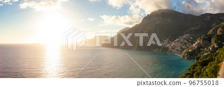 Touristic Town, Positano, on Rocky Cliffs and Mountain Landscape by the Sea. Amalfi Coast, Italy. Touristic Town, Positano, on Rocky Cliffs and Mountain Landscape by the Sea. Amalfi Coast, Italy. 96755018