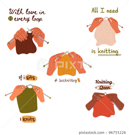 Woman hands are knitting with knitting needles. Knitting process. Wool yarns, hook, knitting needles. Hobby time, handmade things Woman hands are knitting with knitting needles. Knitting process. Wool yarns, hook, knitting needles. Hobby time, handmade things 96755226