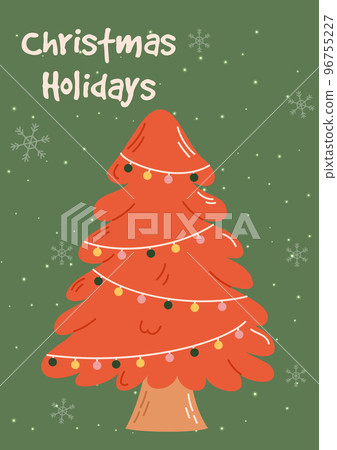 Groovy Christmas card with christmas tree. Christmas and New Year celebration concept. Good for greeting card, invitation, banner, web design. 96755227