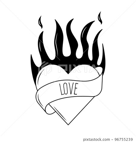 Flaming heart tattoo in y2k, 1990s, 2000s style. Emo goth element design. Old school tattoo. Vector illustration Flaming heart tattoo in y2k, 1990s, 2000s style. Emo goth element design. Old school tattoo. Vector illustration 96755239