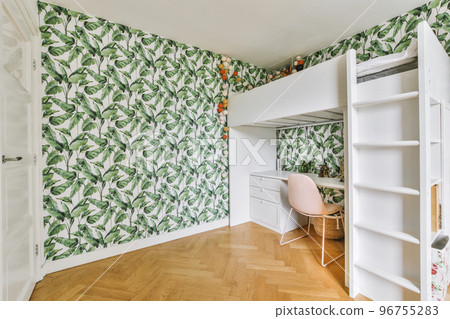 Minimalist interior of study room with parquet floor and white walls furnished with settee and table with shelf rack Minimalist interior of study room with parquet floor and white walls furnished with settee and table with shelf rack 96755283