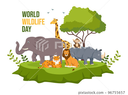 World Wildlife Day on March 3rd to Raise Animal Awareness, Plant and Preserve Their Habitat in Forest in Flat Cartoon Hand Drawn Template Illustration 96755657