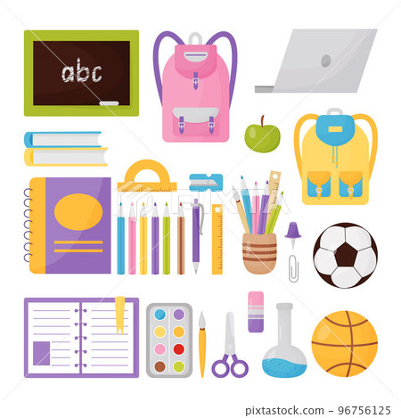 Set school items. Educational items and supplies include - book, backpack, laptop, ball, ruler, notepad, paints, colored pencils, scissors, apple. Vector isolated education elements in cartoon style 96756125