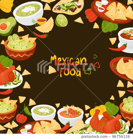Poster traditional mexican food. Latin American dishs Quesadilla, Tacos, guacamole with nachos, green Soup and Tomato Soup, Empanadas, Mexican Achiote Chicken on black background. Vector illustration. 96756126