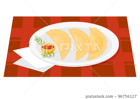 Mexican Empanadas in bowl with herbs and sauce. Traditional popular mexican food. Vector illustration of Latin American national dish for menu design. Mexican Empanadas in bowl with herbs and sauce. Traditional popular mexican food. Vector illustration of Latin American national dish for menu design. 96756127