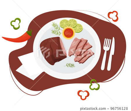 Carne Asada Grilled beef. Mexican food. Grilled meat in plate cut into pieces with sauce, lime slices and chili pepper. Top view of served dish. Vector illustration of Latin American national dish. 96756128