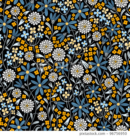 Yellow, blue and white flowers mix, pattern illustration 96756950