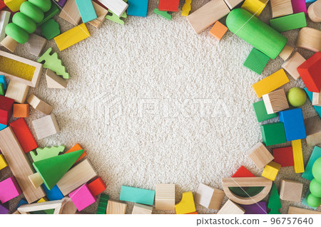 Wooden bricks Montessori material rainbow spectrum row arrangement copy space frame Wooden bricks Montessori material rainbow spectrum row arrangement copy space frame 96757640
