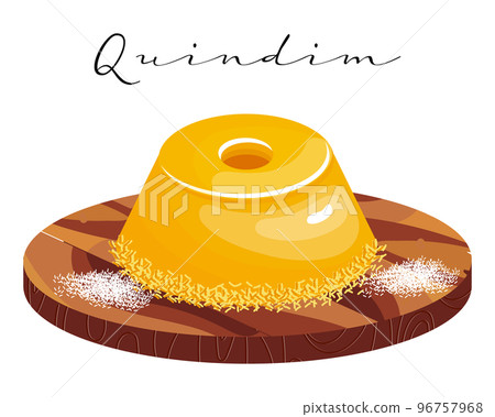 Baked dessert Quindim with coconut flakes, Latin American sweet. National cuisine of Brazil. Food illustration, vector 96757968