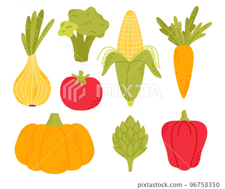 Flat vegetables vector set. Collection of vegetables broccoli, corn, pepper, onion, pumpkin , carrot. Hand-drawn style isolated on white background. Vector illustration. 96758350