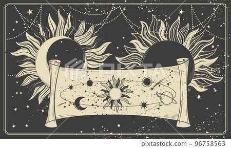 Astrological boho banner for zodiac, tarot. Mystical map of the universe with symbols of the planets, sun and moon, vector fortune telling card. 96758563