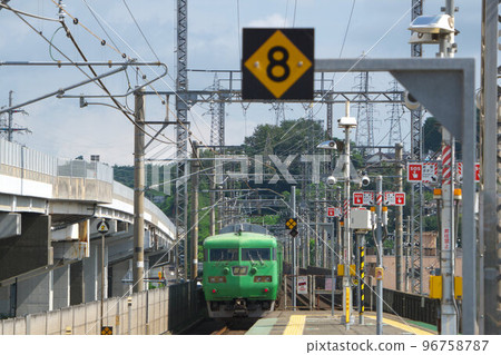 JR Kosei Line Hieizan Sakamoto Station platform and local train bound for Omi Maiko 3 Otsu City, Shiga Prefecture JR Kosei Line Hieizan Sakamoto Station platform and local train bound for Omi Maiko 3 Otsu City, Shiga Prefecture 96758787