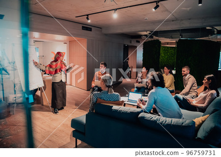 An older Muslim businesswoman presents a project to a young diverse team of people in a modern office 96759731
