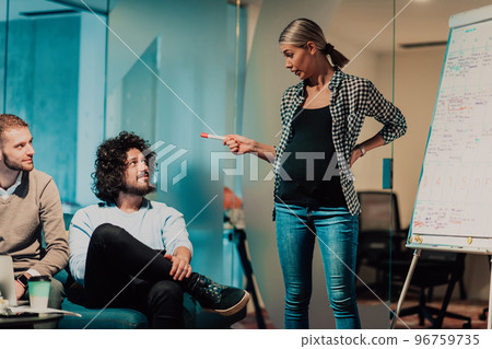 A pregnant businesswoman leads a creative meeting of a diverse business team in a modern coworking 96759735