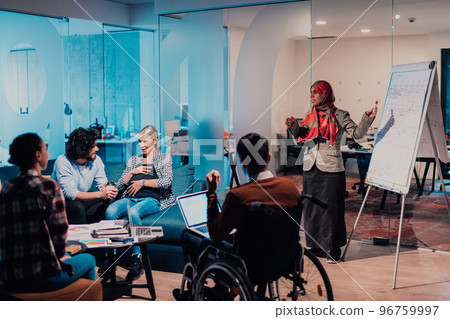 An older Muslim businesswoman presents a project to a young diverse team of people in a modern office 96759997