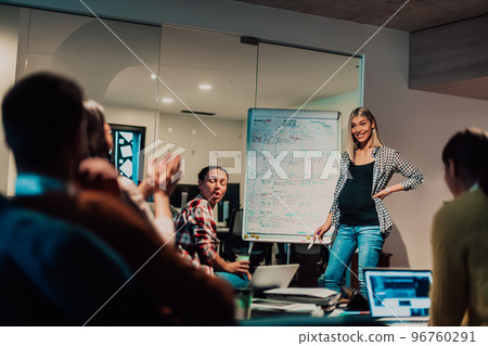 A pregnant businesswoman leads a creative meeting of a diverse business team in a modern coworking A pregnant businesswoman leads a creative meeting of a diverse business team in a modern coworking 96760291