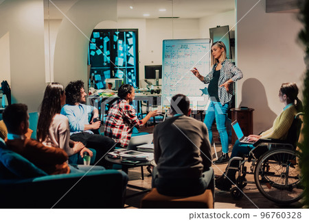 A pregnant businesswoman leads a creative meeting of a diverse business team in a modern coworking 96760328