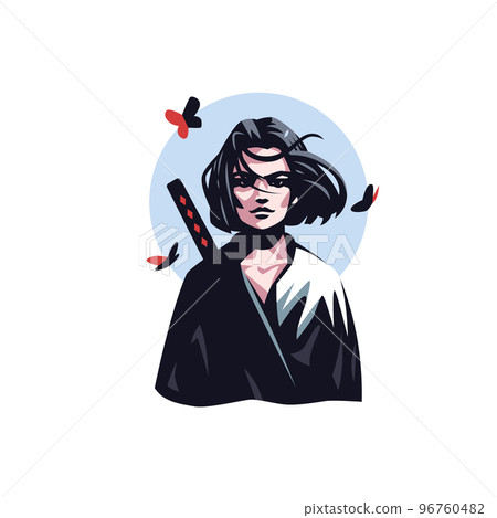 A female samurai in a kimono. Flowing hair in the wind. Butterflies fly around. A Japanese sword sticks out from behind his back. 96760482