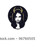 A mystical look. A devil woman with horns on her head. Black background. Magically it comes from the eyes. 96760505
