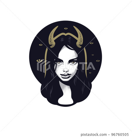 A mystical look. A devil woman with horns on her head. Black background. Magically it comes from the eyes. A mystical look. A devil woman with horns on her head. Black background. Magically it comes from the eyes. 96760505