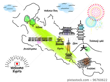 手寫的京都觀光景點簡單的線條畫插圖地圖 手寫的京都觀光景點簡單的線條畫插圖地圖 96760622